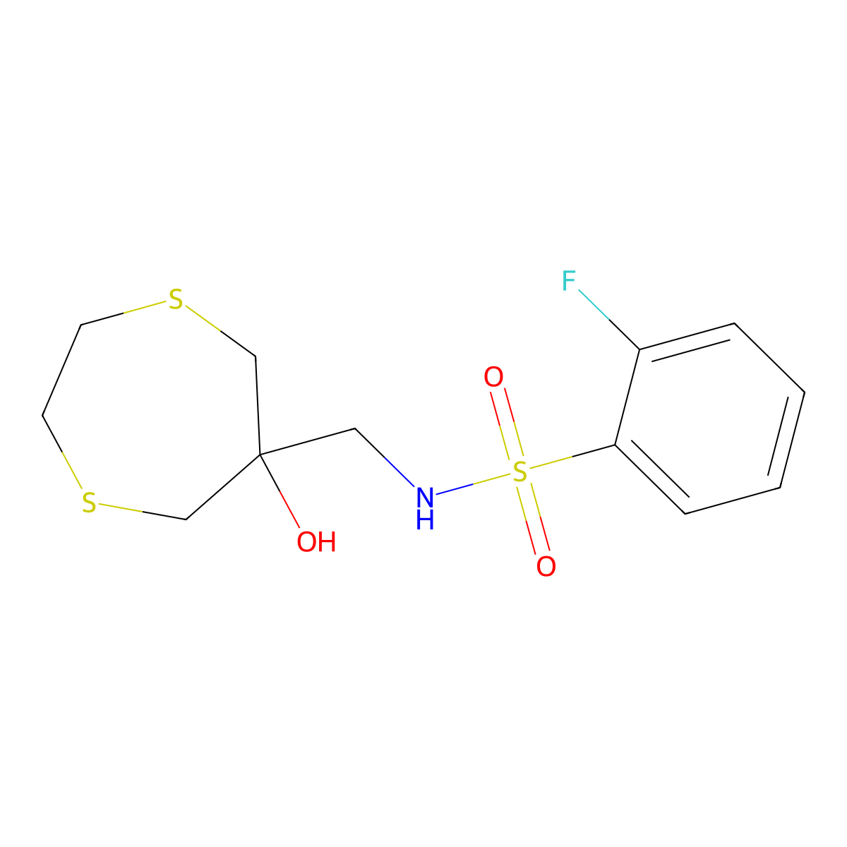 2-fluoro-N-[(6-hydroxy-1,4-dithiepan-6-yl)methyl]benzene-1-sulfonamide molecular structure, CAS 2415602-52-5
