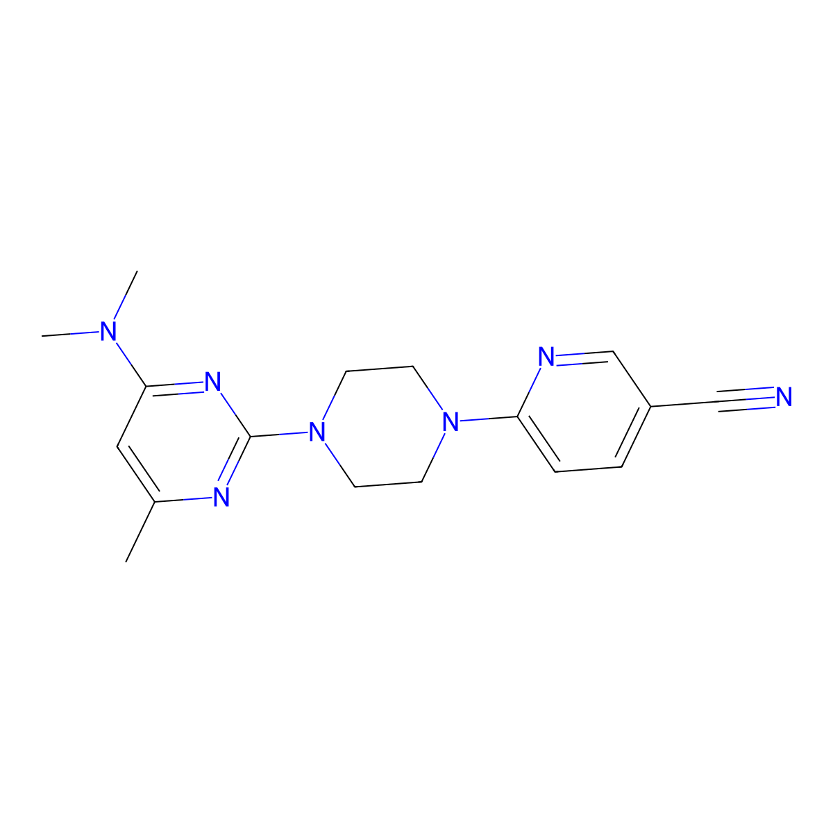 6-{4-[4-(Dimethylamino)-6-methylpyrimidin-2-yl]piperazin-1-yl}pyridine-3-carbonitrile molecular structure, CAS 2415602-61-6