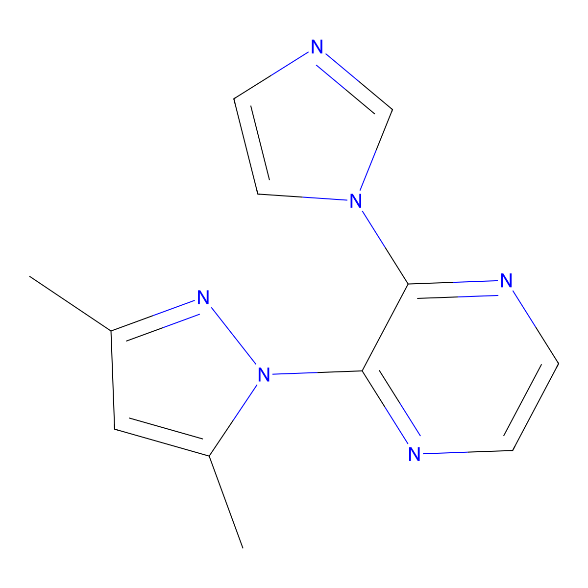2-(3,5-dimethyl-1H-pyrazol-1-yl)-3-(1H-imidazol-1-yl)pyrazine molecular structure, CAS 2415602-64-9