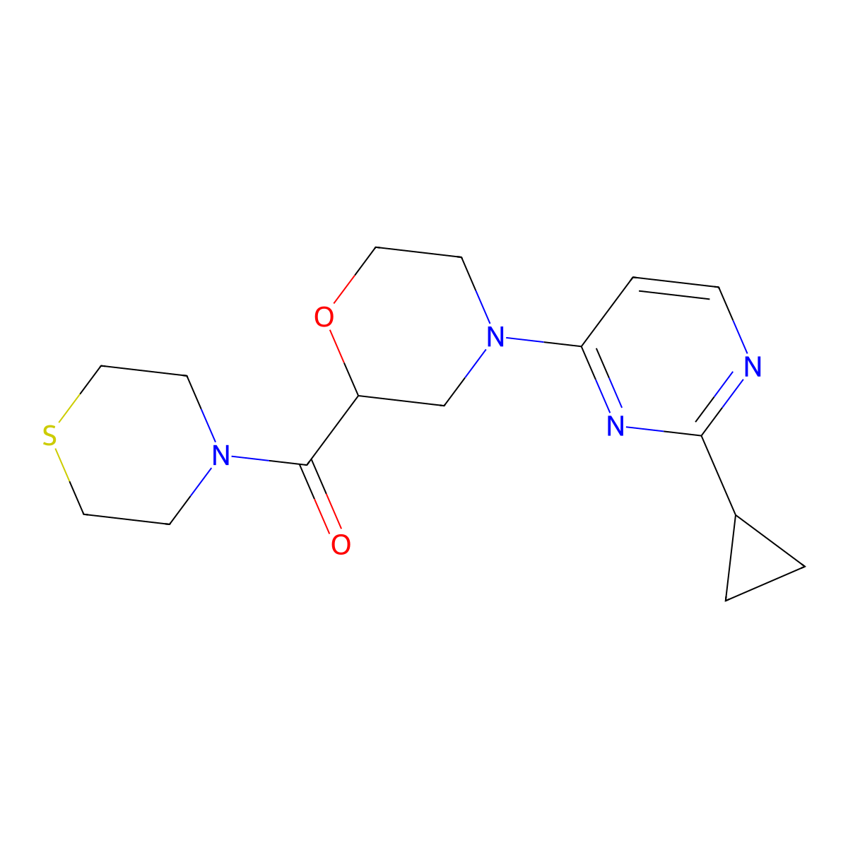 4-(2-Cyclopropylpyrimidin-4-yl)-2-(thiomorpholine-4-carbonyl)morpholine molecular structure, CAS 2415602-68-3