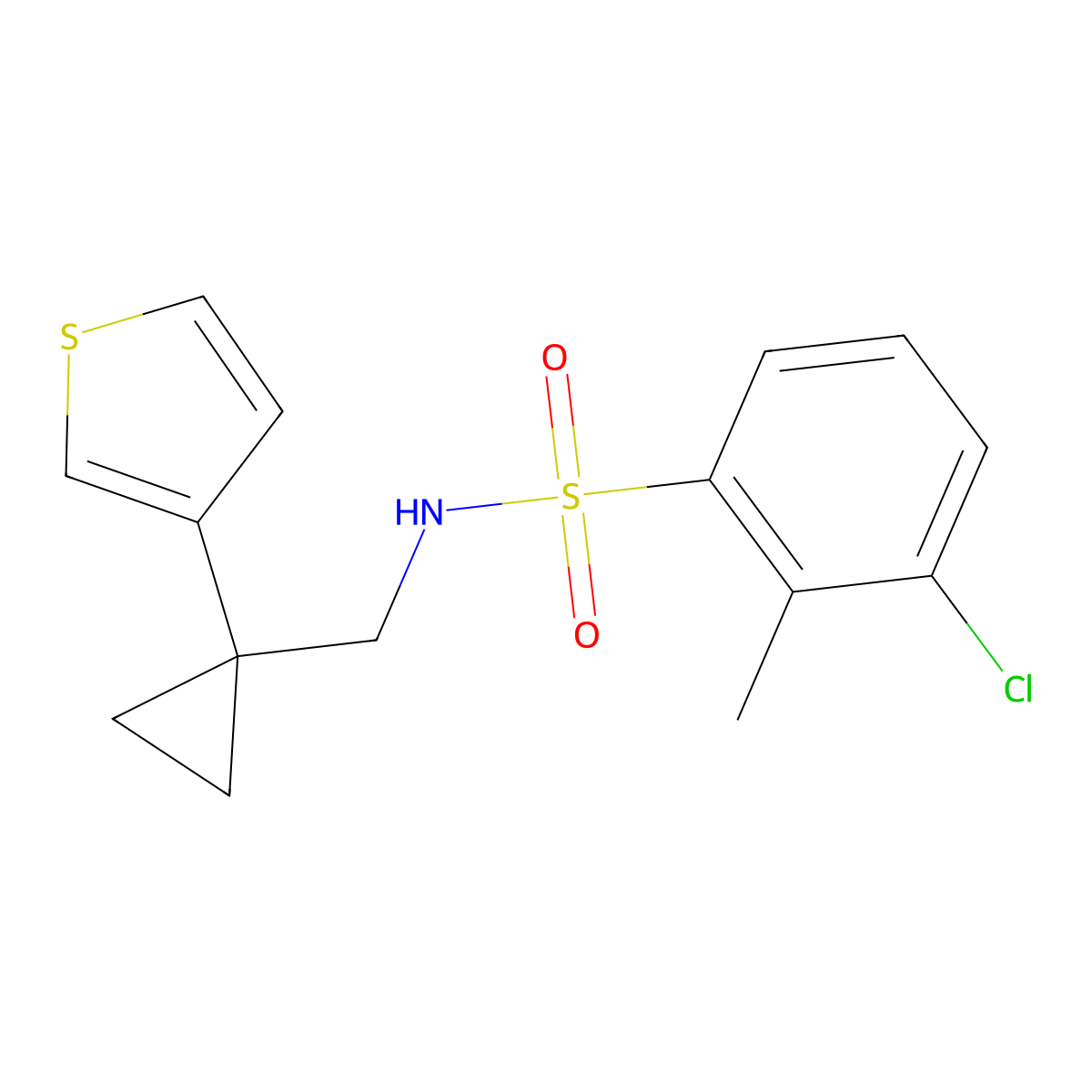 3-chloro-2-methyl-N-{[1-(thiophen-3-yl)cyclopropyl]methyl}benzene-1-sulfonamide molecular structure, CAS 2415602-69-4