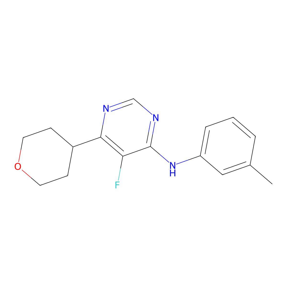 5-fluoro-N-(3-methylphenyl)-6-(oxan-4-yl)pyrimidin-4-amine molecular structure, CAS 2415602-78-5