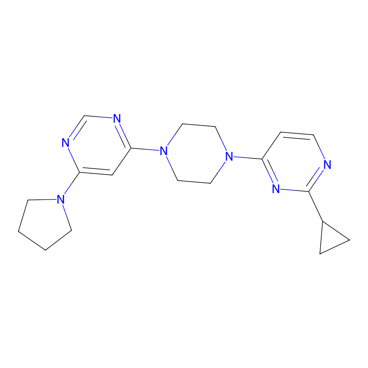 4-[4-(2-Cyclopropylpyrimidin-4-yl)piperazin-1-yl]-6-(pyrrolidin-1-yl)pyrimidine molecular structure, CAS 2415602-86-5