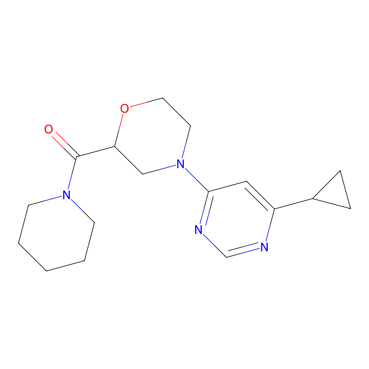 4-(6-Cyclopropylpyrimidin-4-yl)-2-(piperidine-1-carbonyl)morpholine molecular structure, CAS 2415602-89-8