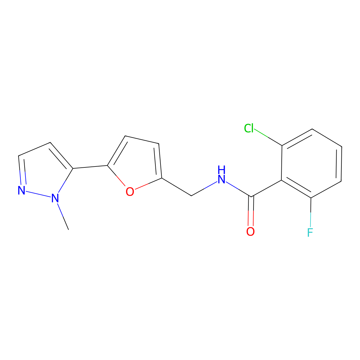 2-chloro-6-fluoro-N-{[5-(1-methyl-1H-pyrazol-5-yl)furan-2-yl]methyl}benzamide molecular structure, CAS 2415603-02-8