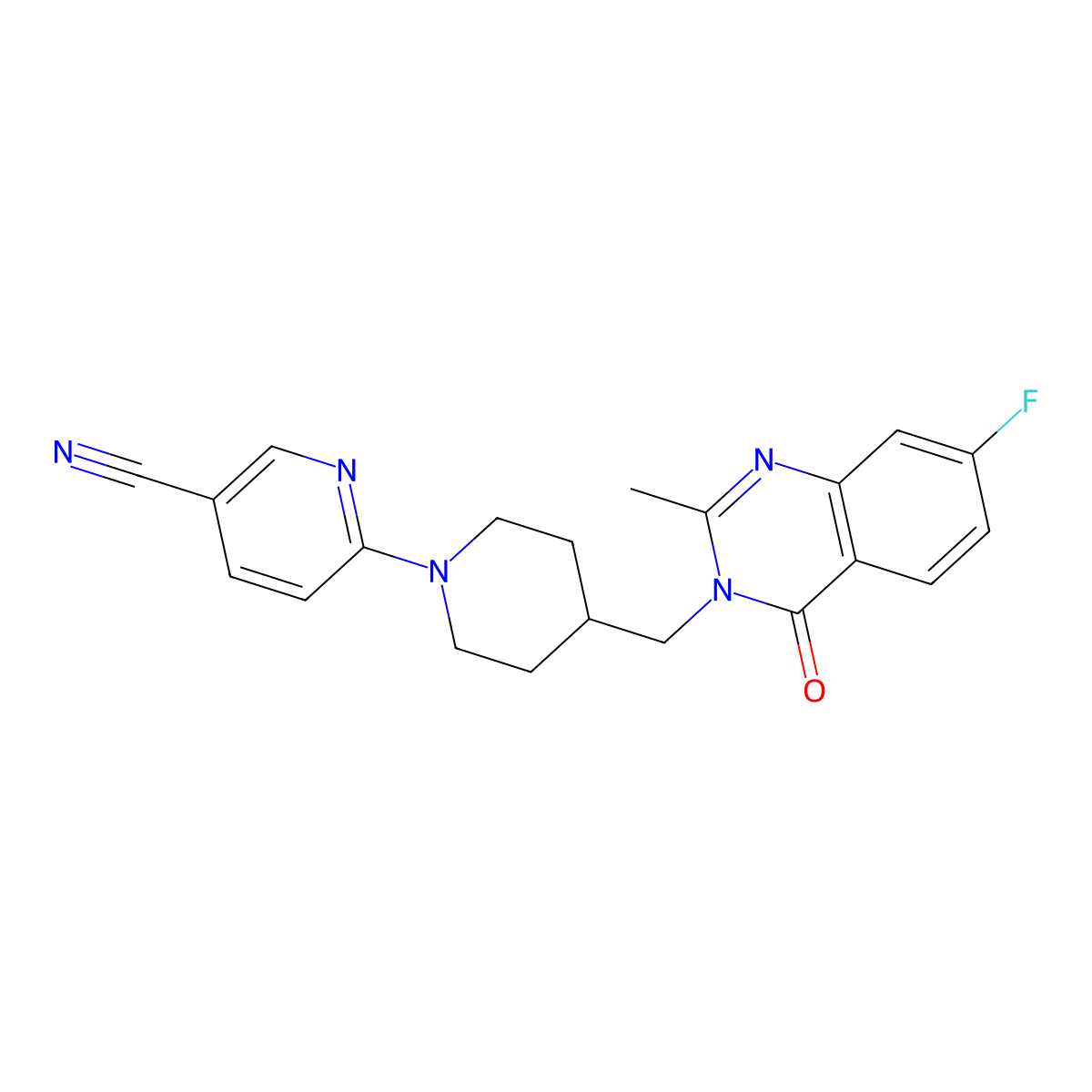 6-{4-[(7-Fluoro-2-methyl-4-oxo-3,4-dihydroquinazolin-3-yl)methyl]piperidin-1-yl}pyridine-3-carbonitrile molecular structure, CAS 2415603-04-0