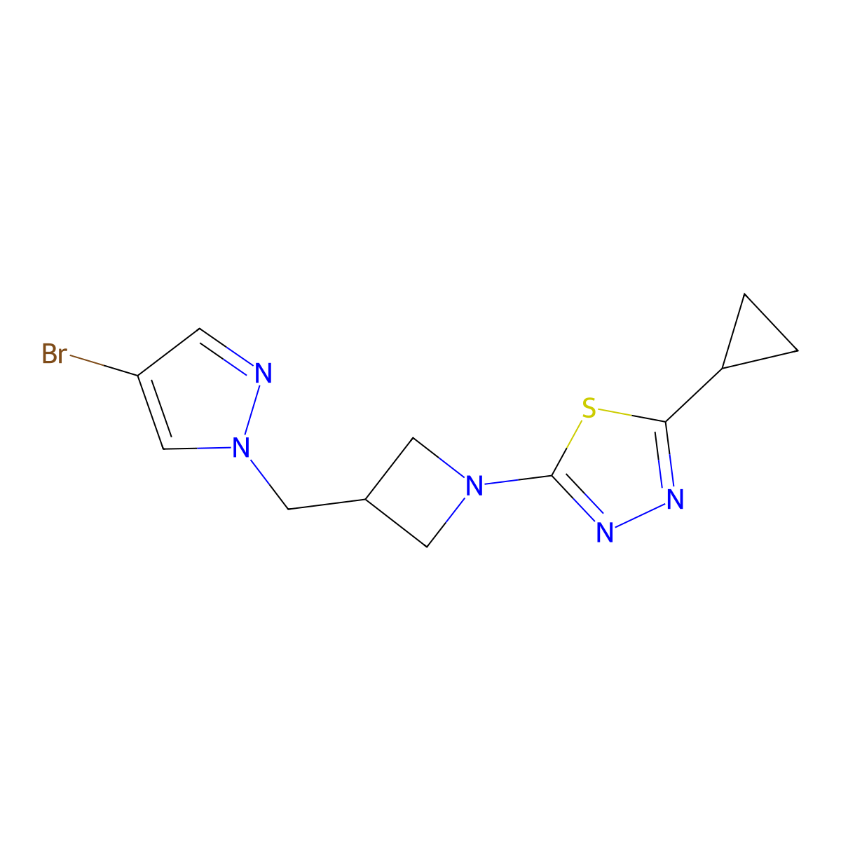 2-{3-[(4-bromo-1H-pyrazol-1-yl)methyl]azetidin-1-yl}-5-cyclopropyl-1,3,4-thiadiazole molecular structure, CAS 2415603-08-4