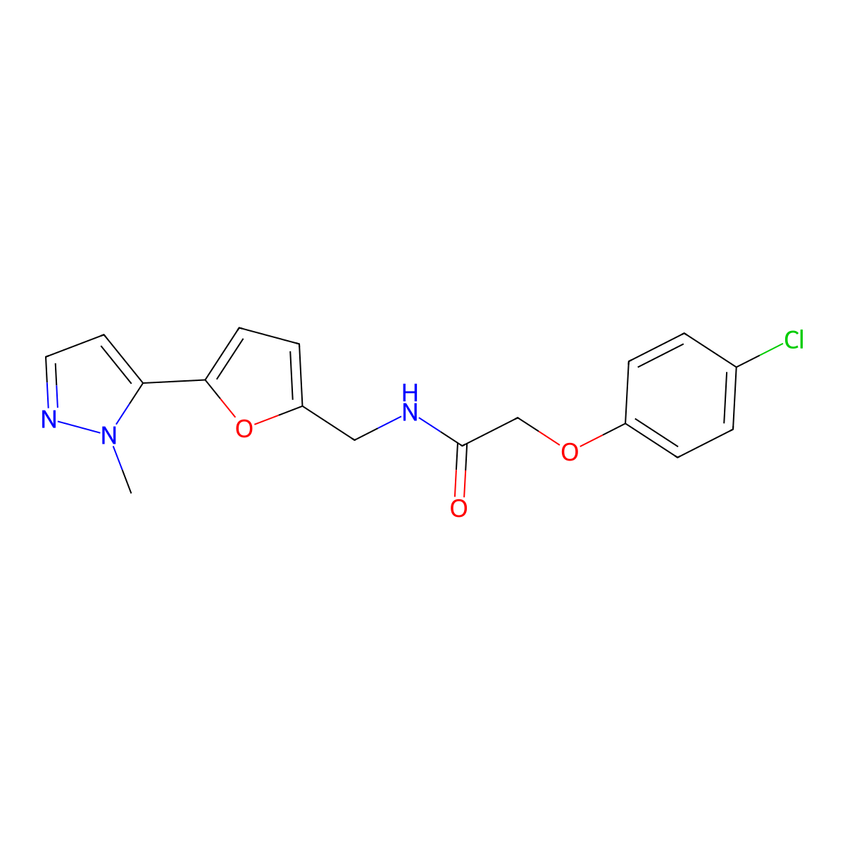 2-(4-chlorophenoxy)-N-{[5-(1-methyl-1H-pyrazol-5-yl)furan-2-yl]methyl}acetamide molecular structure, CAS 2415603-09-5