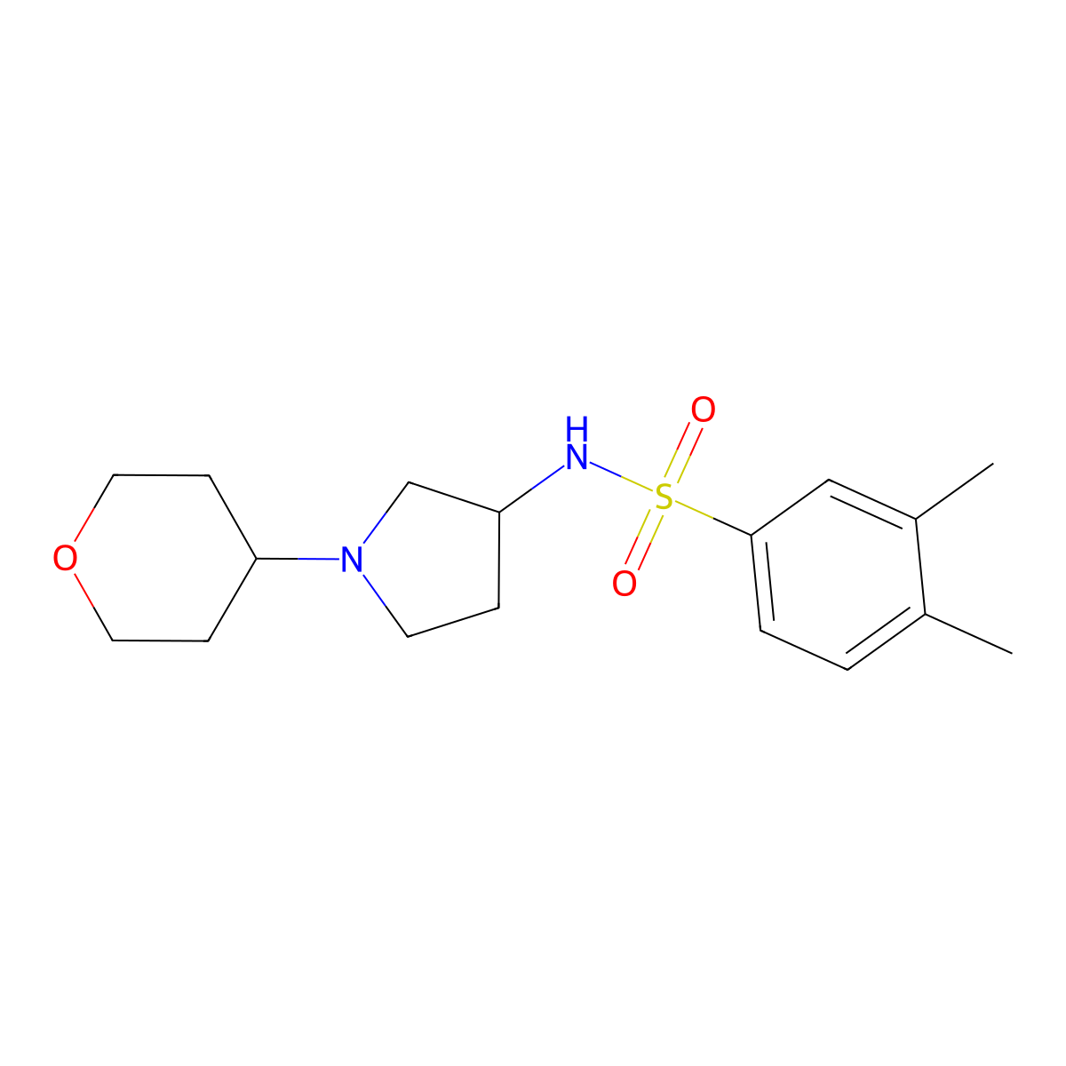 3,4-dimethyl-N-[1-(oxan-4-yl)pyrrolidin-3-yl]benzene-1-sulfonamide molecular structure, CAS 2415603-14-2