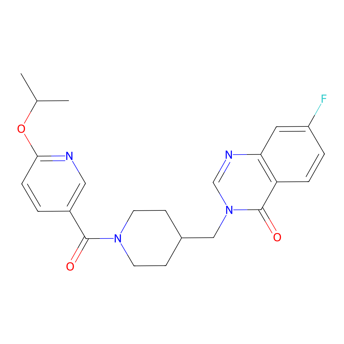 7-Fluoro-3-({1-[6-(propan-2-yloxy)pyridine-3-carbonyl]piperidin-4-yl}methyl)-3,4-dihydroquinazolin-4-one molecular structure, CAS 2415603-20-0
