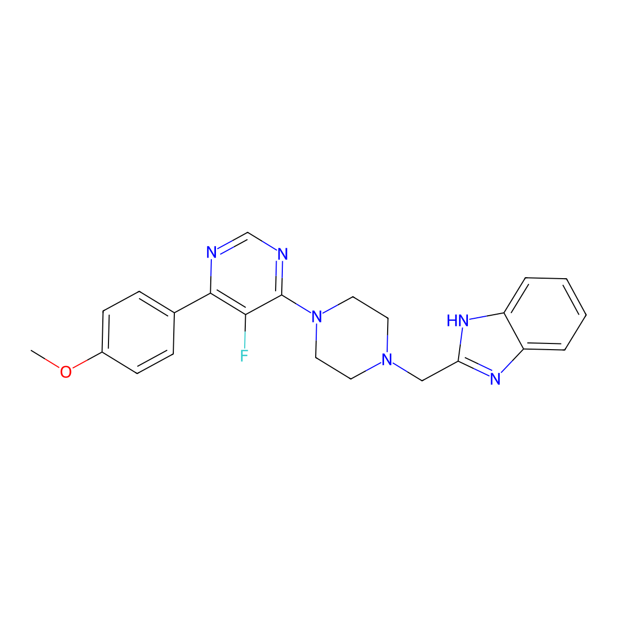 2-({4-[5-fluoro-6-(4-methoxyphenyl)pyrimidin-4-yl]piperazin-1-yl}methyl)-1H-1,3-benzodiazole molecular structure, CAS 2415603-22-2