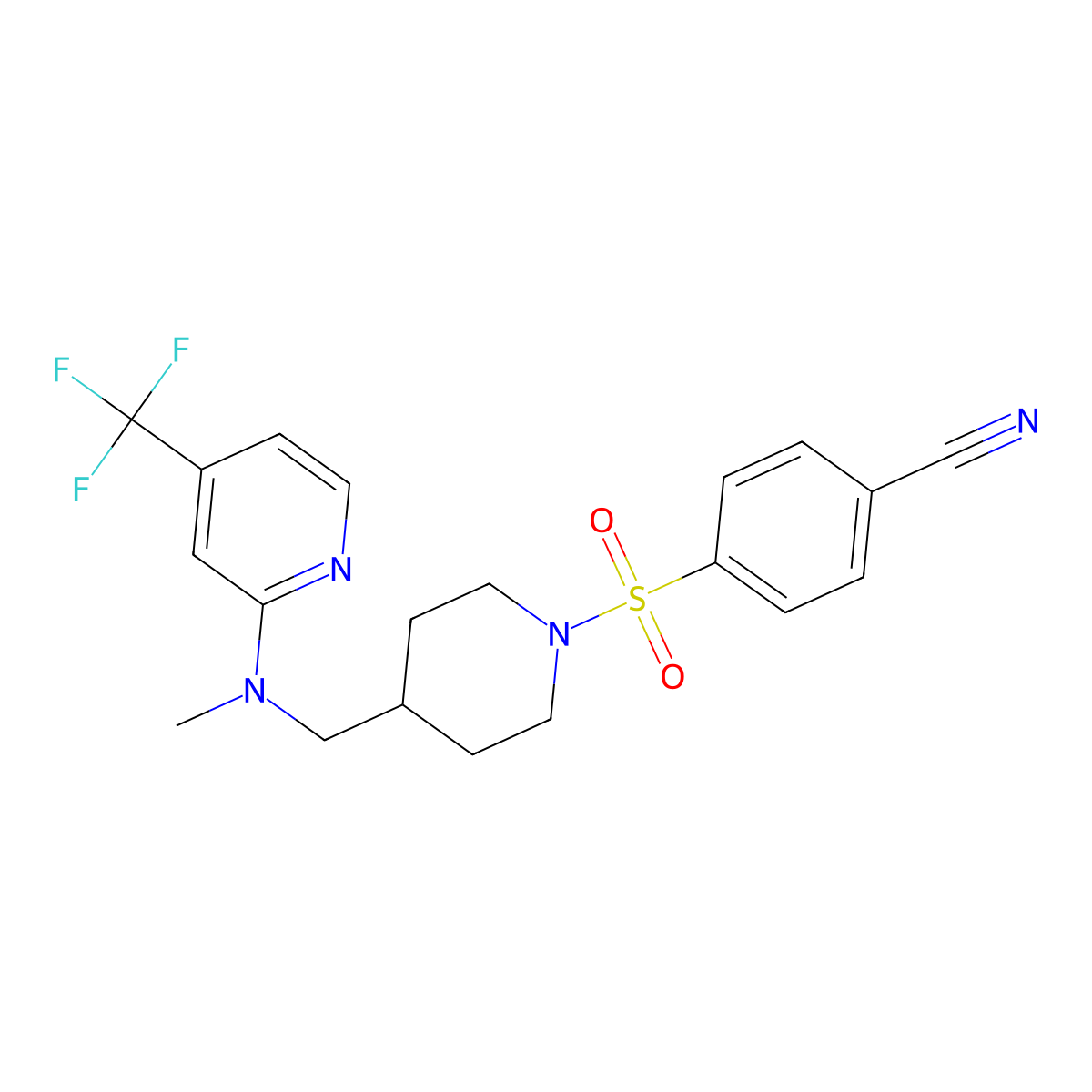 4-{[4-({Methyl[4-(trifluoromethyl)pyridin-2-yl]amino}methyl)piperidin-1-yl]sulfonyl}benzonitrile molecular structure, CAS 2415603-24-4