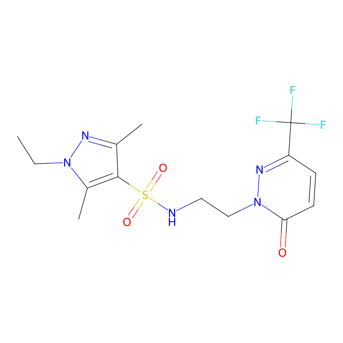 1-ethyl-3,5-dimethyl-N-{2-[6-oxo-3-(trifluoromethyl)-1,6-dihydropyridazin-1-yl]ethyl}-1H-pyrazole-4-sulfonamide molecular structure, CAS 2415603-49-3