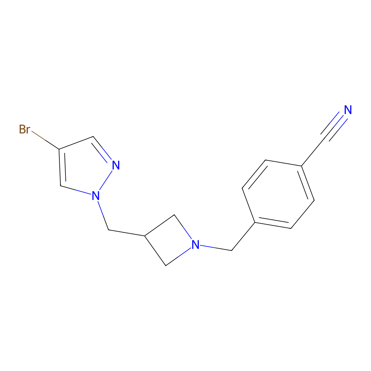 4-({3-[(4-bromo-1H-pyrazol-1-yl)methyl]azetidin-1-yl}methyl)benzonitrile molecular structure, CAS 2415603-53-9