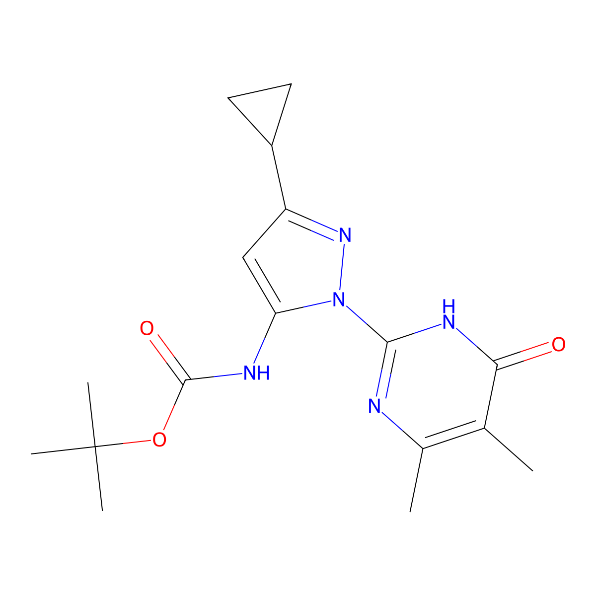 tert-butyl N-[3-cyclopropyl-1-(4,5-dimethyl-6-oxo-1,6-dihydropyrimidin-2-yl)-1H-pyrazol-5-yl]carbamate molecular structure, CAS 2415603-55-1