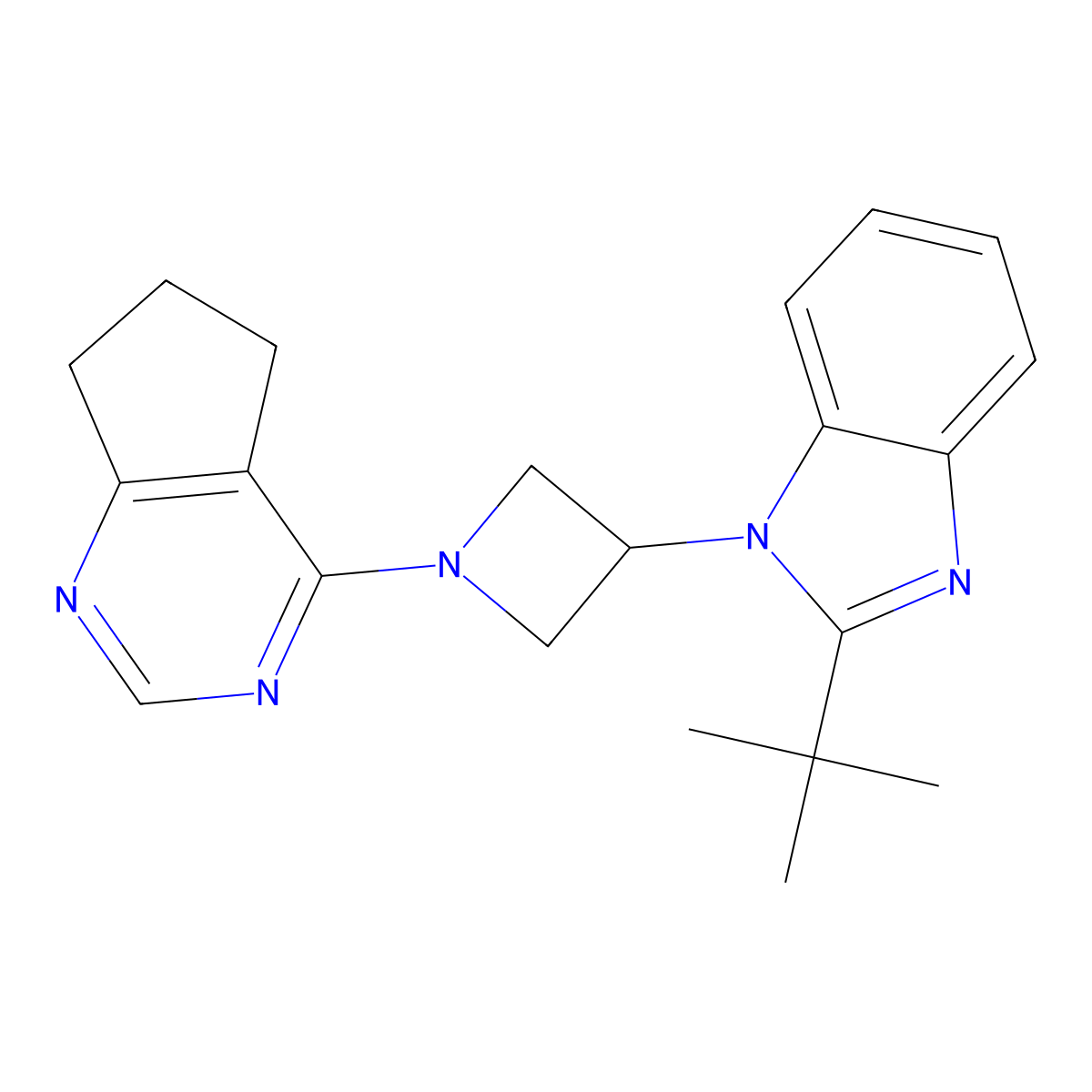 2-tert-butyl-1-(1-{5H,6H,7H-cyclopenta[d]pyrimidin-4-yl}azetidin-3-yl)-1H-1,3-benzodiazole molecular structure, CAS 2415603-64-2