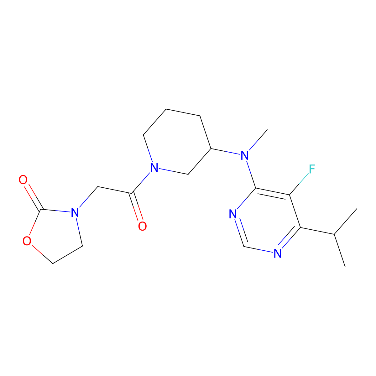 3-[2-(3-{[5-Fluoro-6-(propan-2-yl)pyrimidin-4-yl](methyl)amino}piperidin-1-yl)-2-oxoethyl]-1,3-oxazolidin-2-one molecular structure, CAS 2415603-71-1
