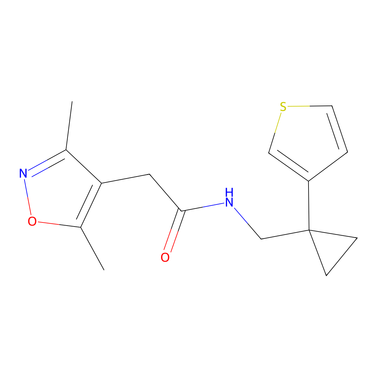 2-(3,5-dimethyl-1,2-oxazol-4-yl)-N-{[1-(thiophen-3-yl)cyclopropyl]methyl}acetamide molecular structure, CAS 2415603-75-5