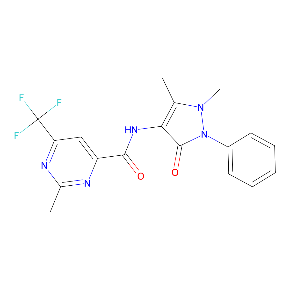 N-(1,5-dimethyl-3-oxo-2-phenyl-2,3-dihydro-1H-pyrazol-4-yl)-2-methyl-6-(trifluoromethyl)pyrimidine-4-carboxamide molecular structure, CAS 2415603-78-8