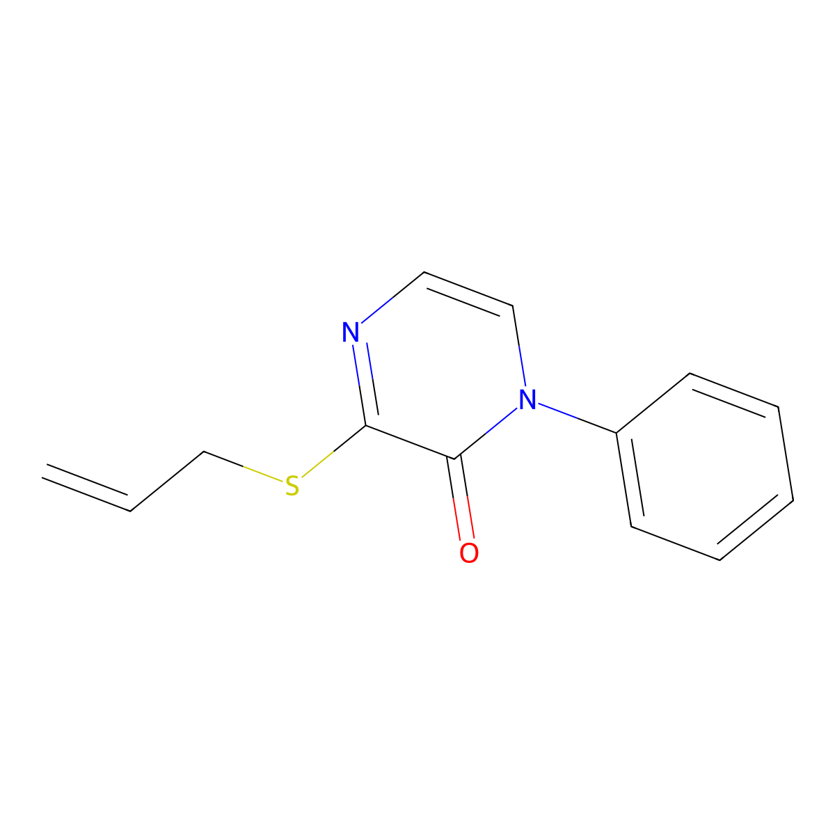1-Phenyl-3-(prop-2-en-1-ylsulfanyl)-1,2-dihydropyrazin-2-one molecular structure, CAS 2415603-79-9