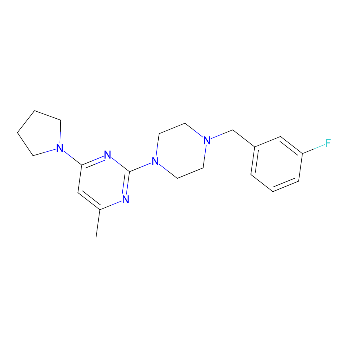 2-{4-[(3-Fluorophenyl)methyl]piperazin-1-yl}-4-methyl-6-(pyrrolidin-1-yl)pyrimidine molecular structure, CAS 2415603-80-2