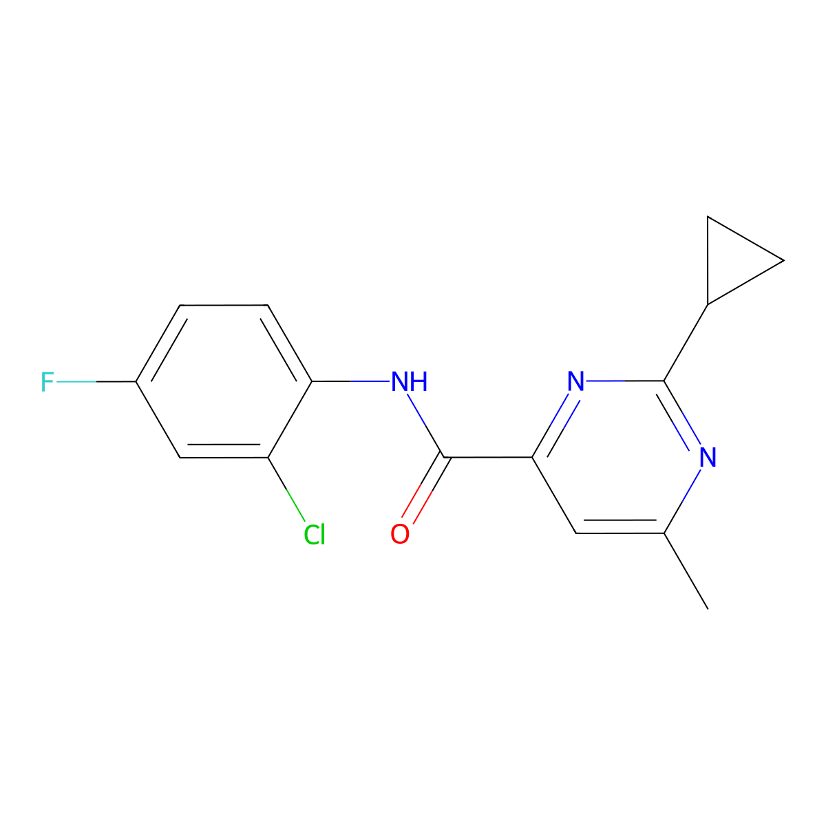 N-(2-chloro-4-fluorophenyl)-2-cyclopropyl-6-methylpyrimidine-4-carboxamide molecular structure, CAS 2415603-84-6