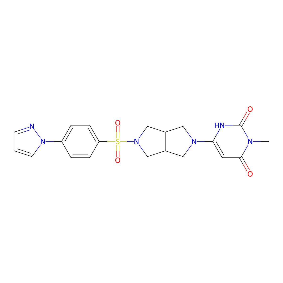 3-methyl-6-{5-[4-(1H-pyrazol-1-yl)benzenesulfonyl]-octahydropyrrolo[3,4-c]pyrrol-2-yl}-1,2,3,4-tetrahydropyrimidine-2,4-dione molecular structure, CAS 2415603-89-1