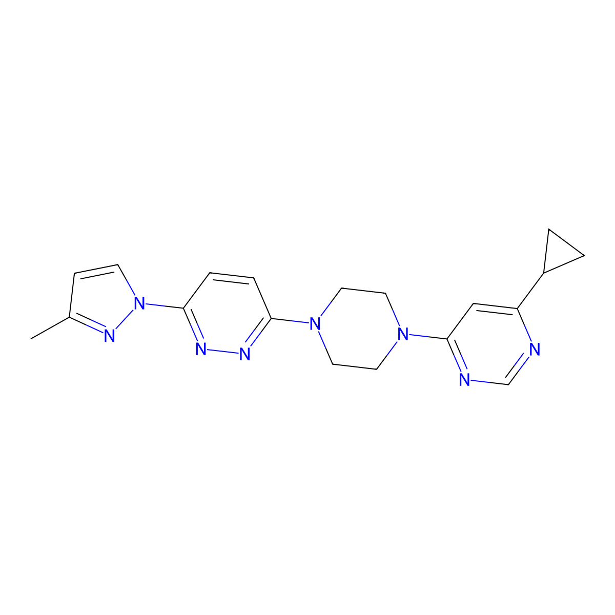 4-cyclopropyl-6-{4-[6-(3-methyl-1H-pyrazol-1-yl)pyridazin-3-yl]piperazin-1-yl}pyrimidine molecular structure, CAS 2415604-01-0