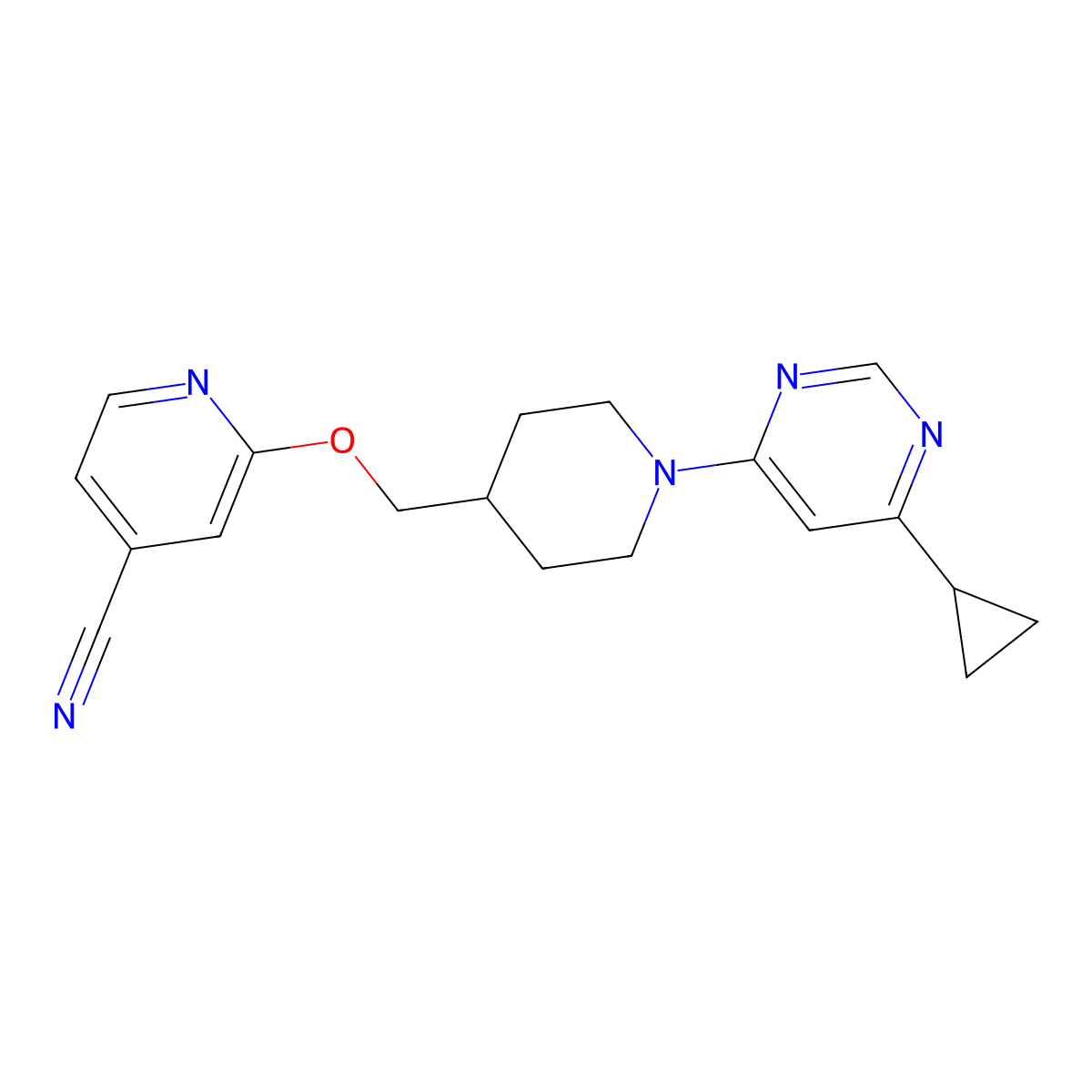 2-{[1-(6-Cyclopropylpyrimidin-4-yl)piperidin-4-yl]methoxy}pyridine-4-carbonitrile molecular structure, CAS 2415604-07-6
