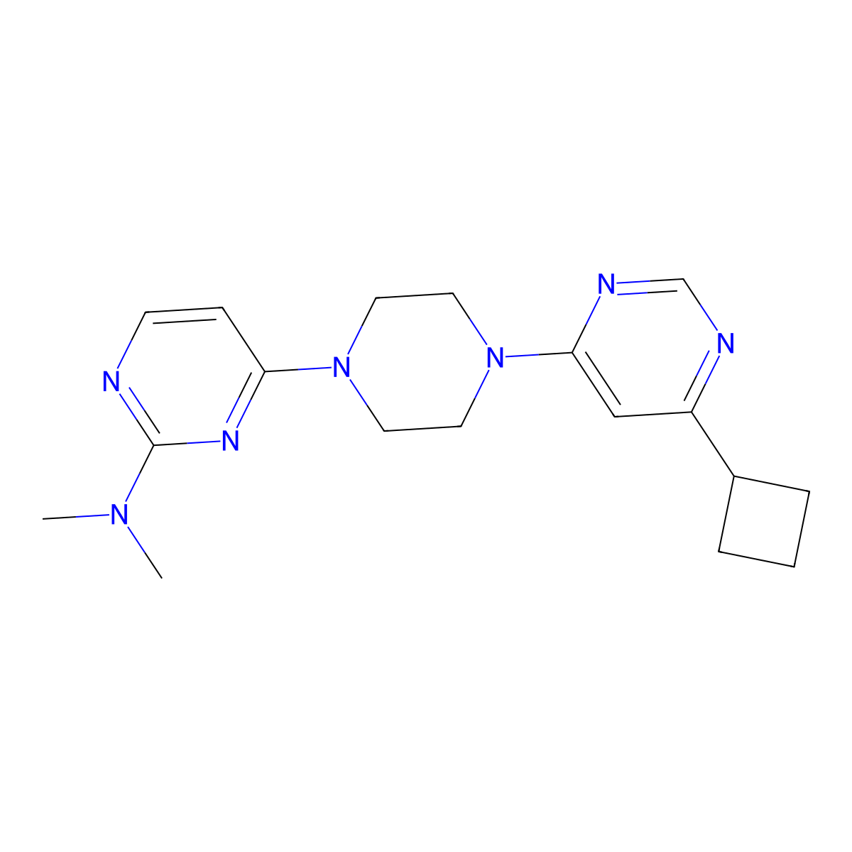 4-[4-(6-cyclobutylpyrimidin-4-yl)piperazin-1-yl]-N,N-dimethylpyrimidin-2-amine molecular structure, CAS 2415604-11-2