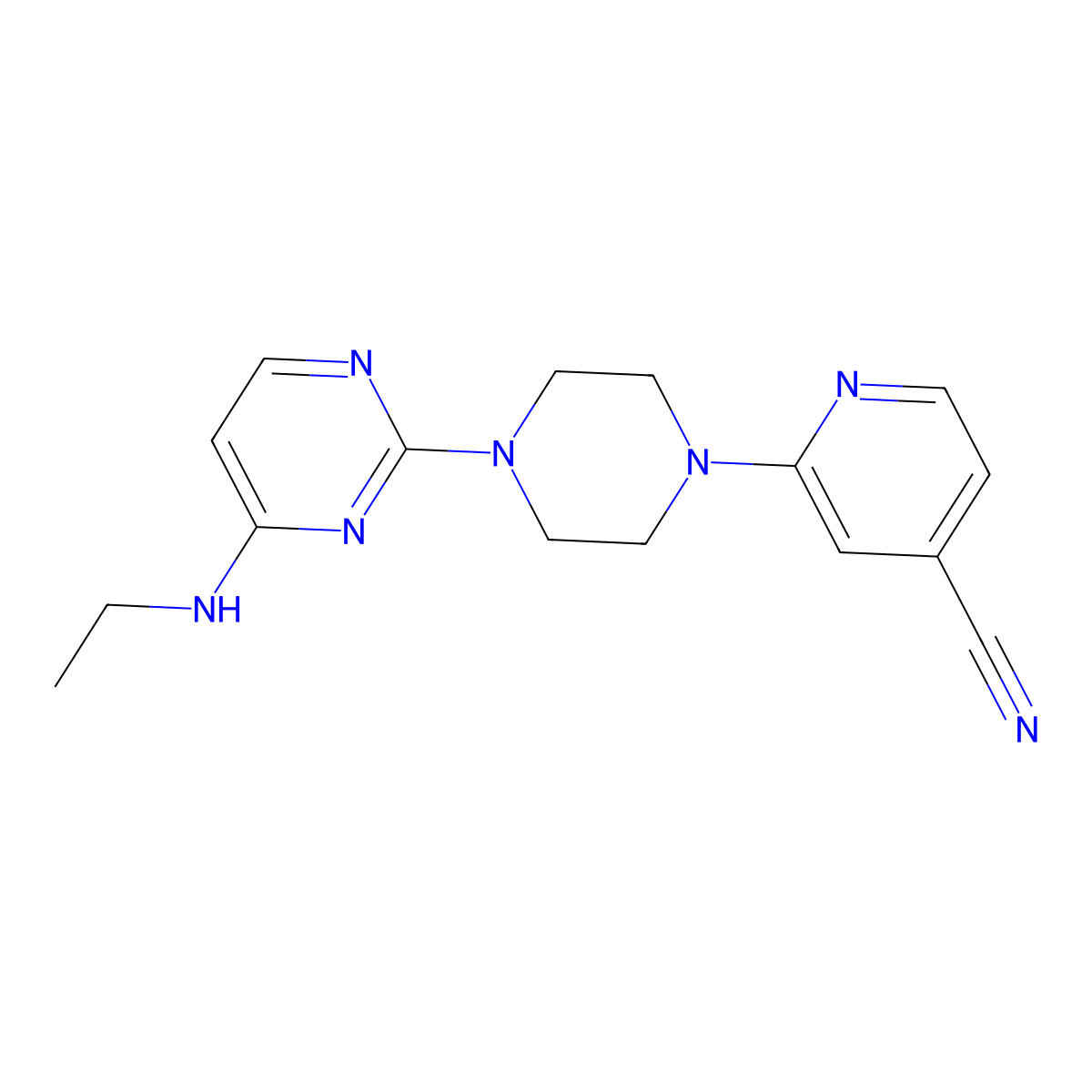 2-{4-[4-(Ethylamino)pyrimidin-2-yl]piperazin-1-yl}pyridine-4-carbonitrile molecular structure, CAS 2415604-38-3
