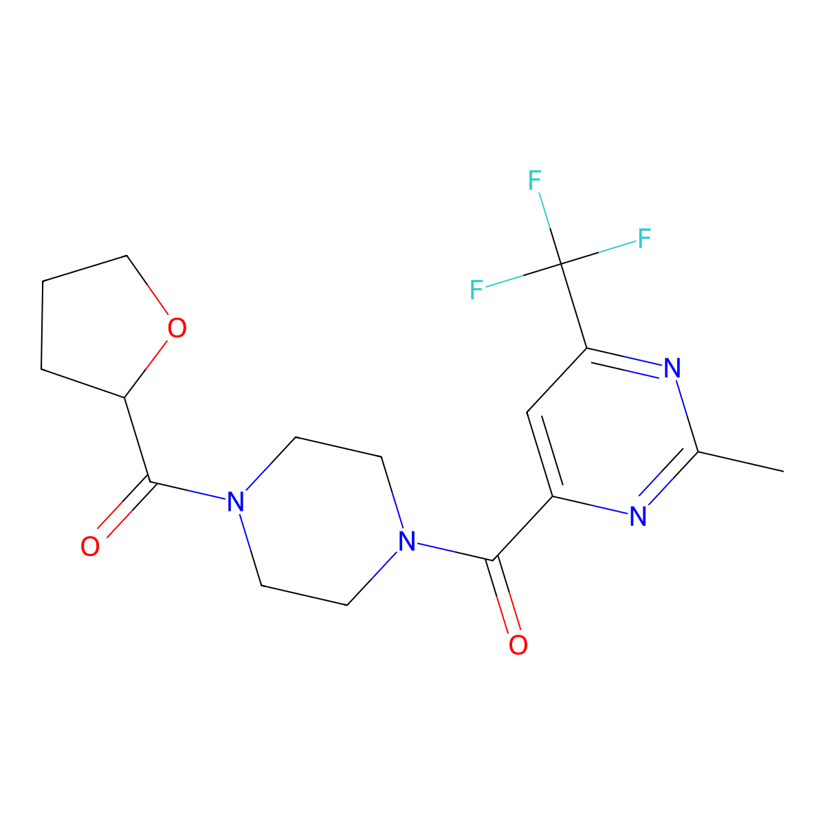 2-Methyl-4-[4-(oxolane-2-carbonyl)piperazine-1-carbonyl]-6-(trifluoromethyl)pyrimidine molecular structure, CAS 2415604-39-4