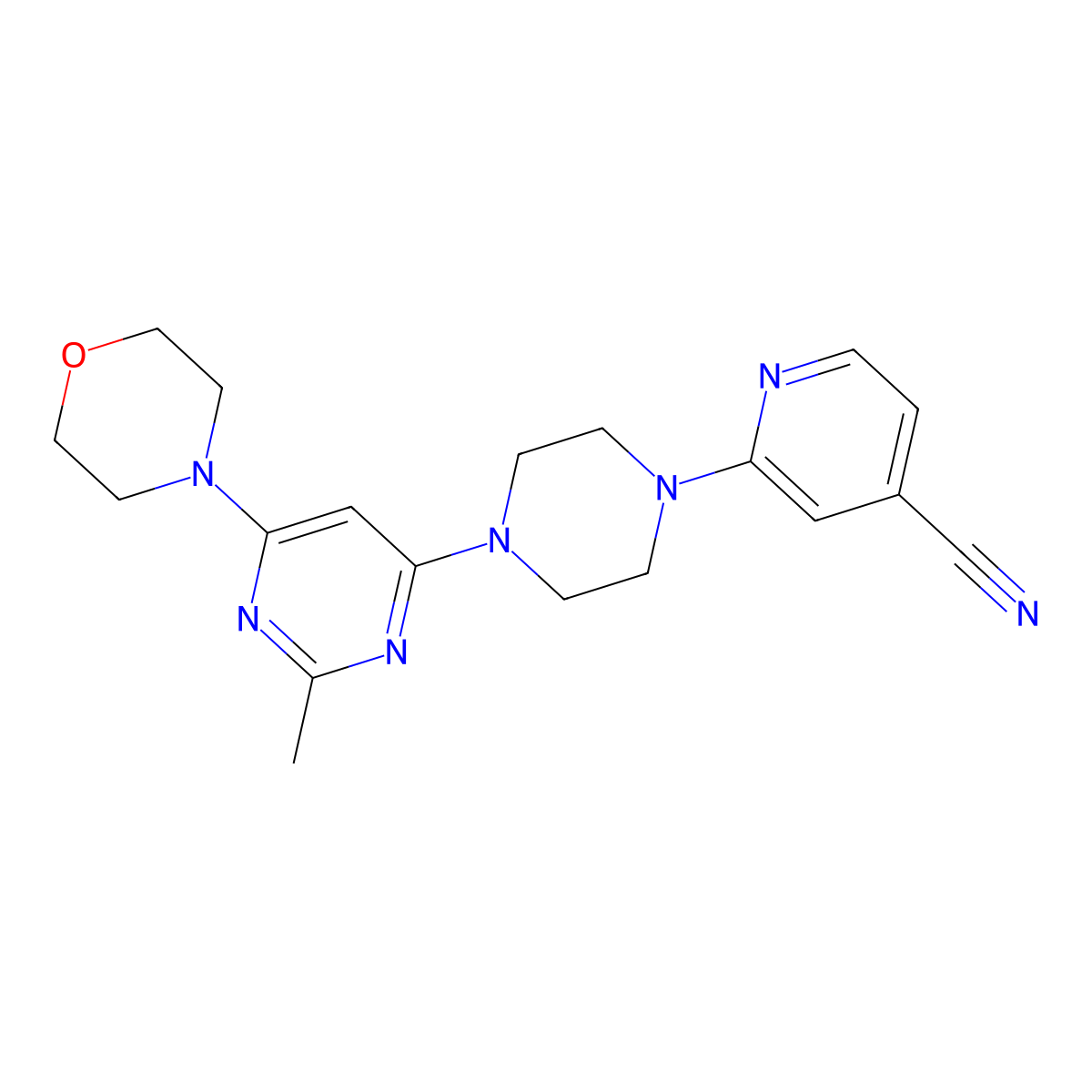 2-{4-[2-Methyl-6-(morpholin-4-yl)pyrimidin-4-yl]piperazin-1-yl}pyridine-4-carbonitrile molecular structure, CAS 2415604-42-9