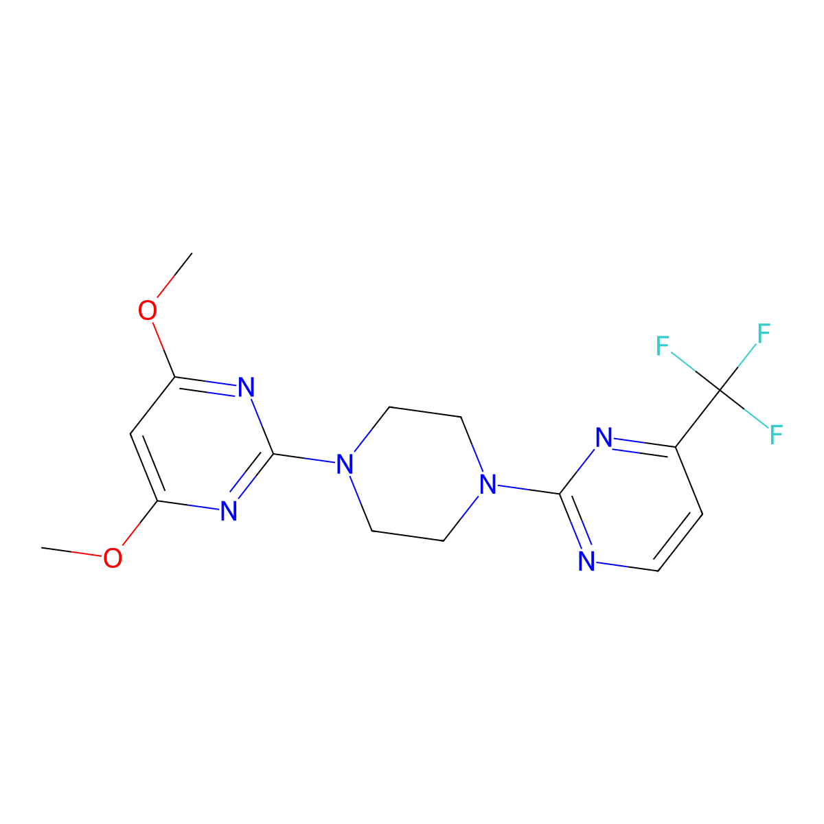 4,6-Dimethoxy-2-{4-[4-(trifluoromethyl)pyrimidin-2-yl]piperazin-1-yl}pyrimidine molecular structure, CAS 2415620-44-7