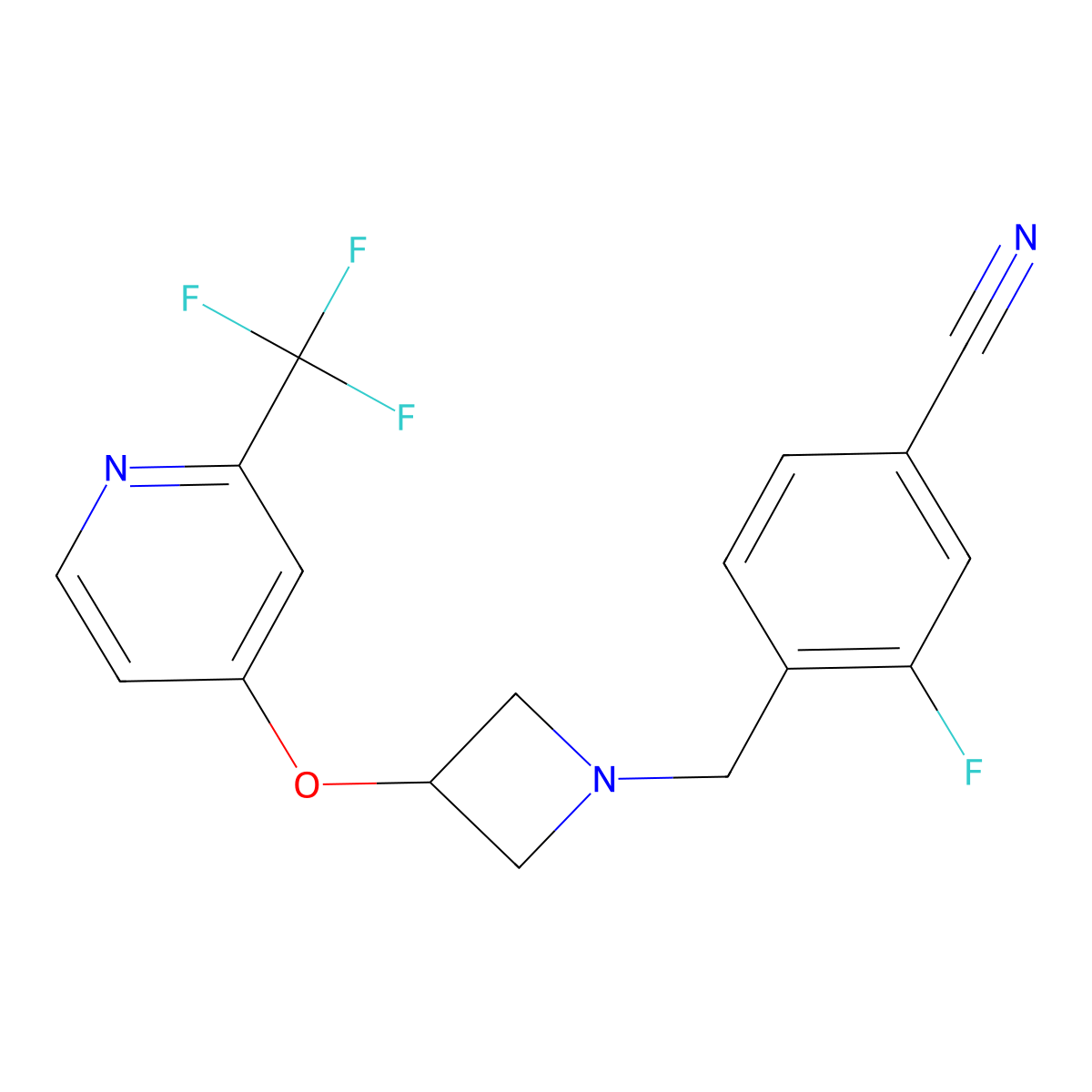 3-Fluoro-4-[(3-{[2-(trifluoromethyl)pyridin-4-yl]oxy}azetidin-1-yl)methyl]benzonitrile molecular structure, CAS 2415620-57-2