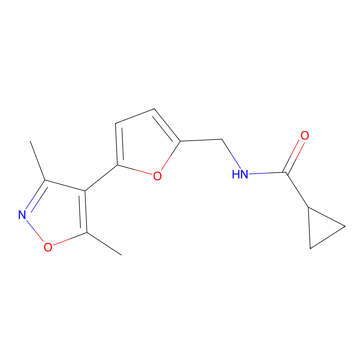 N-{[5-(3,5-dimethyl-1,2-oxazol-4-yl)furan-2-yl]methyl}cyclopropanecarboxamide molecular structure, CAS 2415620-66-3