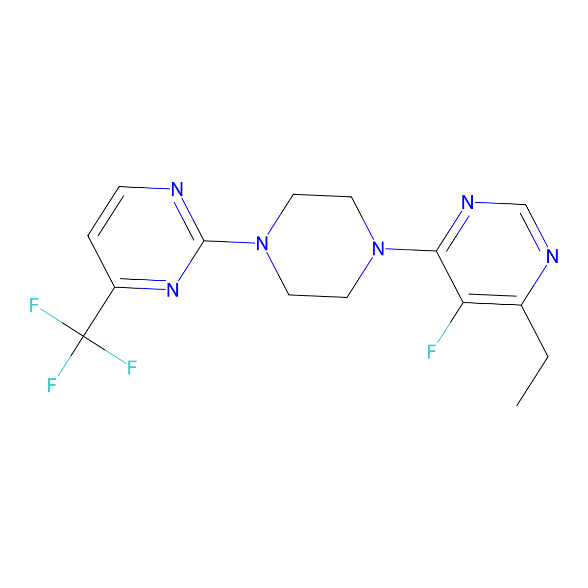 4-Ethyl-5-fluoro-6-{4-[4-(trifluoromethyl)pyrimidin-2-yl]piperazin-1-yl}pyrimidine molecular structure, CAS 2415620-69-6