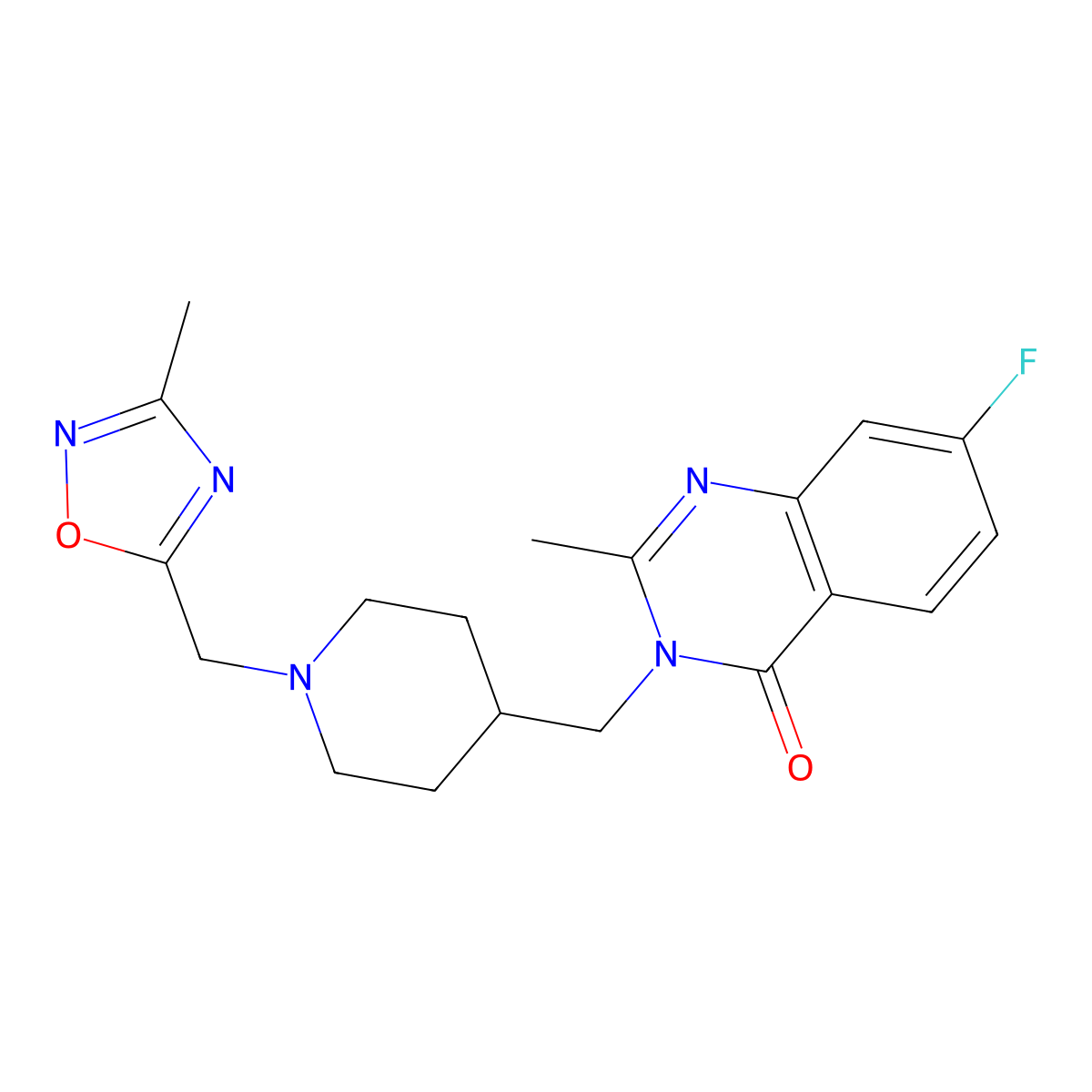 7-Fluoro-2-methyl-3-({1-[(3-methyl-1,2,4-oxadiazol-5-yl)methyl]piperidin-4-yl}methyl)-3,4-dihydroquinazolin-4-one molecular structure, CAS 2415620-79-8