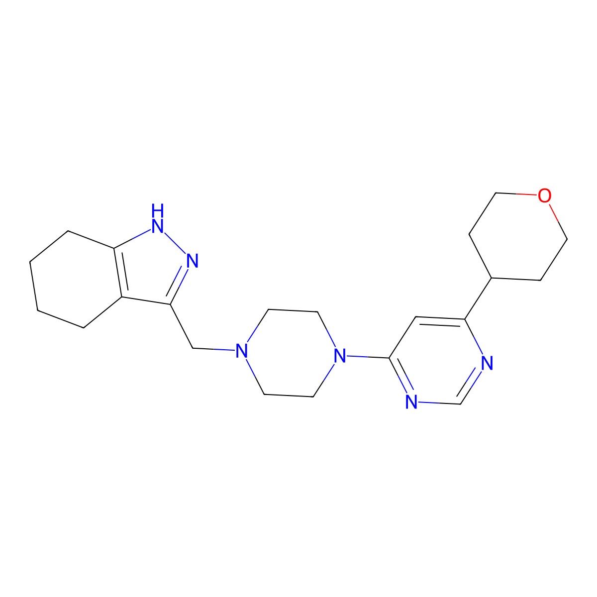 3-({4-[6-(oxan-4-yl)pyrimidin-4-yl]piperazin-1-yl}methyl)-4,5,6,7-tetrahydro-1H-indazole molecular structure, CAS 2415620-80-1