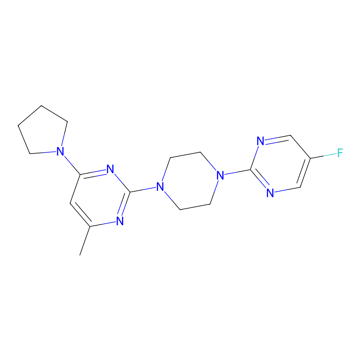 2-[4-(5-Fluoropyrimidin-2-yl)piperazin-1-yl]-4-methyl-6-(pyrrolidin-1-yl)pyrimidine molecular structure, CAS 2415620-81-2