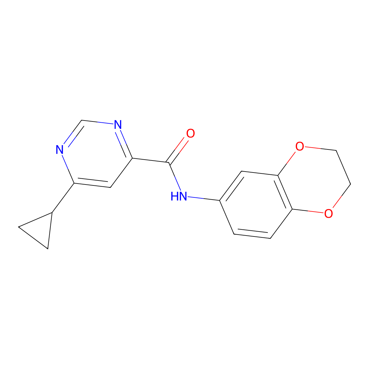 6-Cyclopropyl-N-(2,3-dihydro-1,4-benzodioxin-6-yl)pyrimidine-4-carboxamide molecular structure, CAS 2415620-88-9