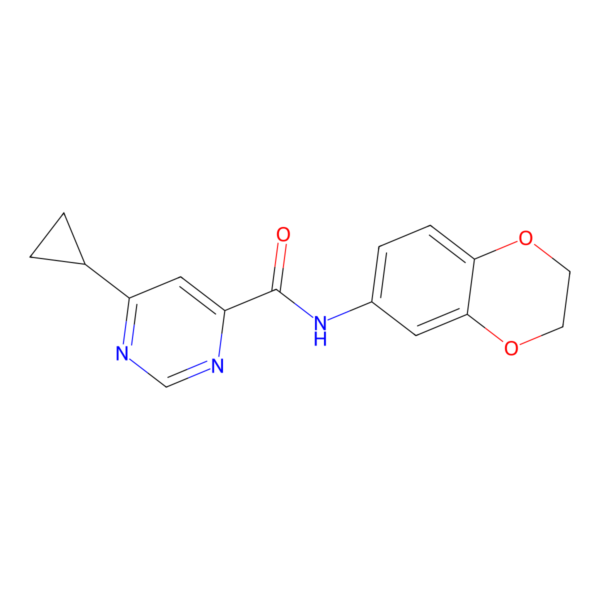 6-Cyclopropyl-N-(2,3-dihydro-1,4-benzodioxin-6-yl)pyrimidine-4-carboxamide molecular structure, CAS 2415620-88-9