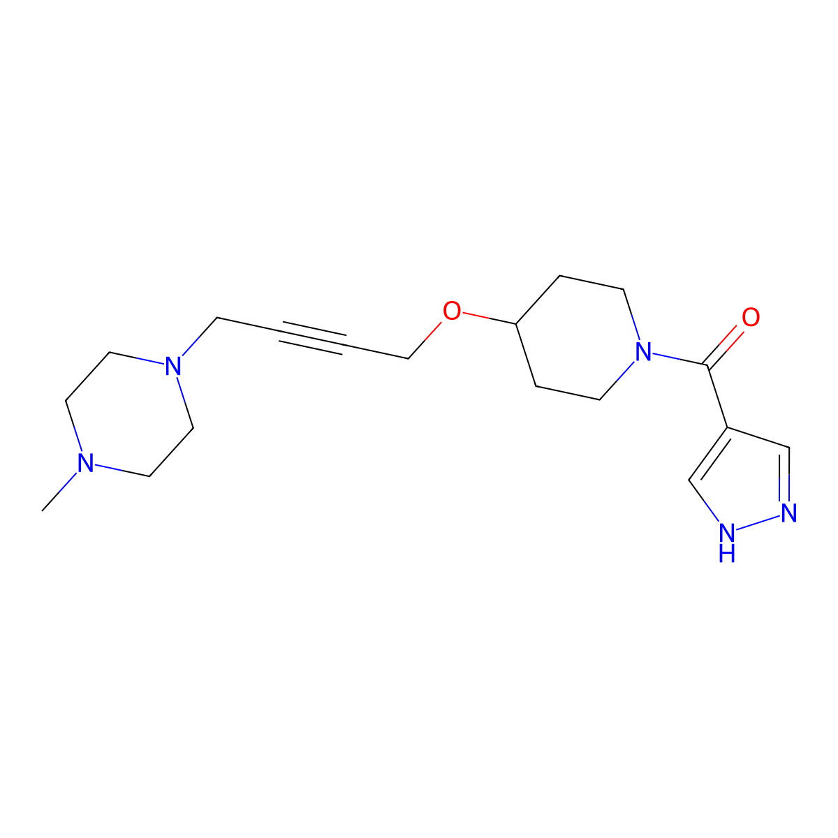 1-methyl-4-(4-{[1-(1H-pyrazole-4-carbonyl)piperidin-4-yl]oxy}but-2-yn-1-yl)piperazine molecular structure, CAS 2415621-05-3