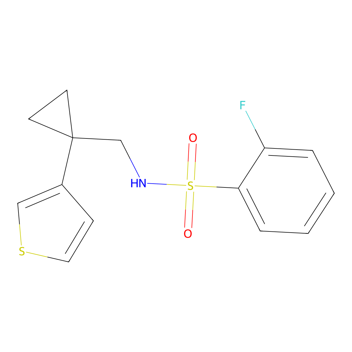 2-fluoro-N-{[1-(thiophen-3-yl)cyclopropyl]methyl}benzene-1-sulfonamide molecular structure, CAS 2415621-07-5