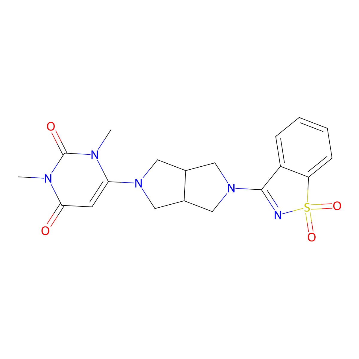 3-[5-(1,3-Dimethyl-2,6-dioxo-1,2,3,6-tetrahydropyrimidin-4-yl)-octahydropyrrolo[3,4-c]pyrrol-2-yl]-1lambda6,2-benzothiazole-1,1-dione molecular structure, CAS 2415621-09-7