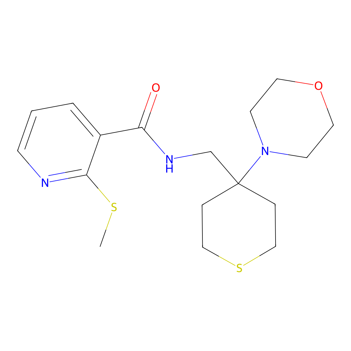 2-(methylsulfanyl)-N-{[4-(morpholin-4-yl)thian-4-yl]methyl}pyridine-3-carboxamide molecular structure, CAS 2415621-12-2