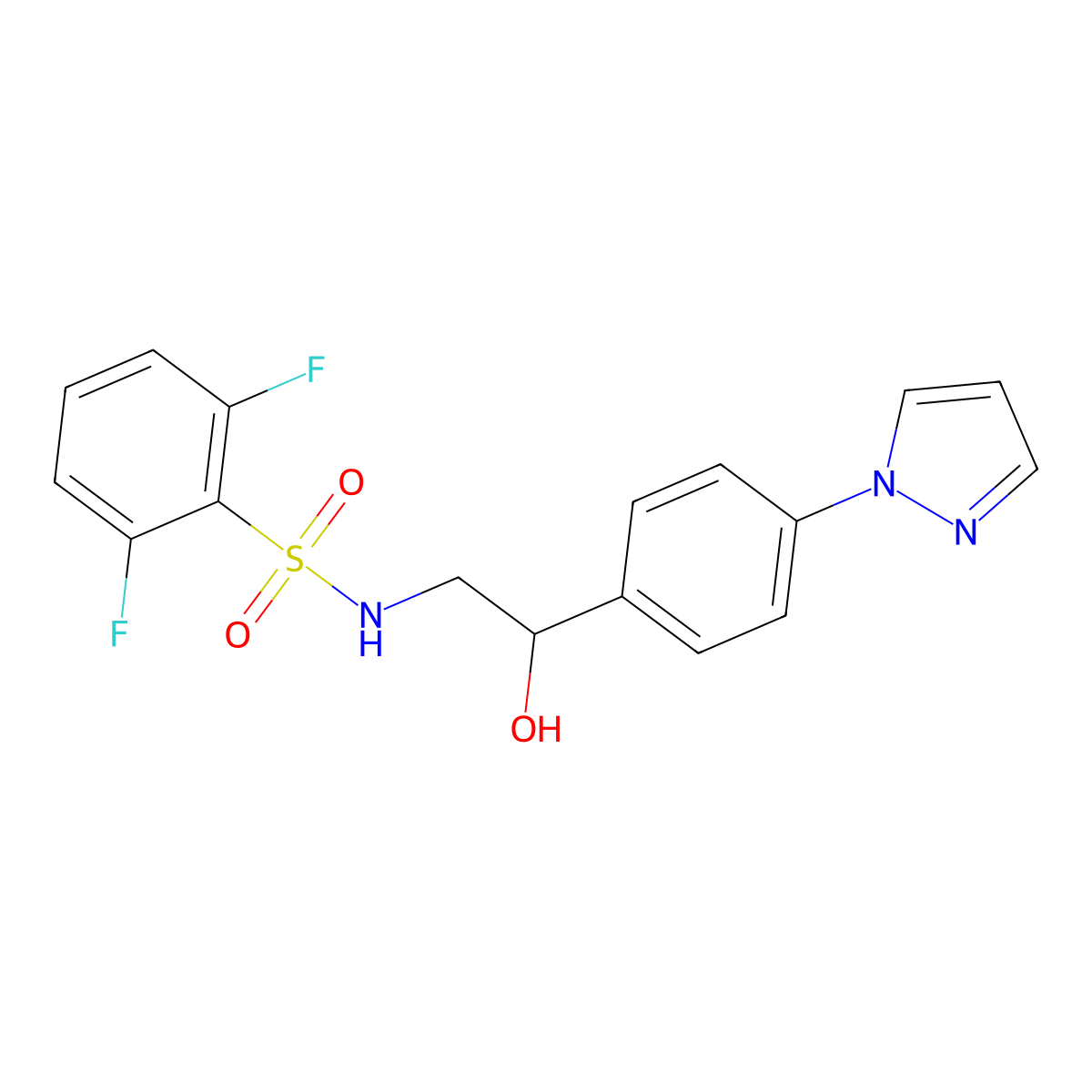 2,6-difluoro-N-{2-hydroxy-2-[4-(1H-pyrazol-1-yl)phenyl]ethyl}benzene-1-sulfonamide molecular structure, CAS 2415621-24-6