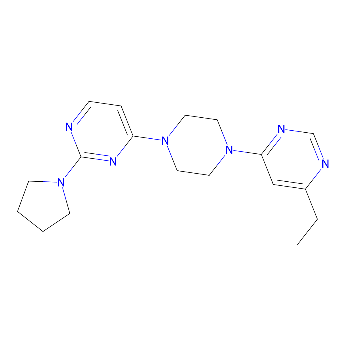 4-[4-(6-Ethylpyrimidin-4-yl)piperazin-1-yl]-2-(pyrrolidin-1-yl)pyrimidine molecular structure, CAS 2415621-27-9