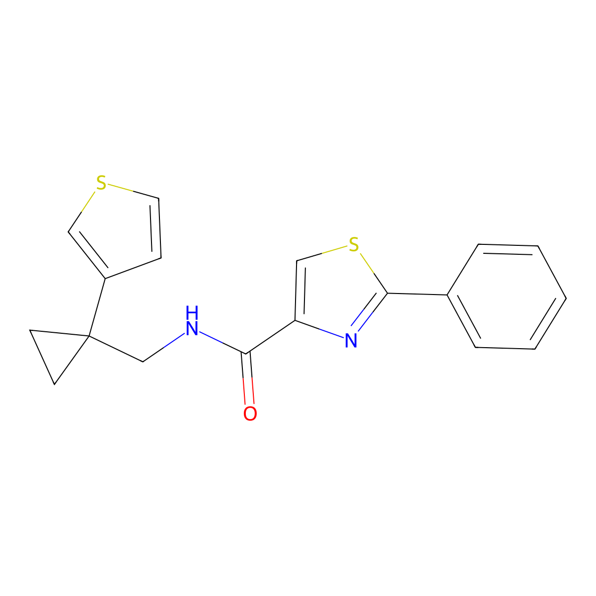 2-phenyl-N-{[1-(thiophen-3-yl)cyclopropyl]methyl}-1,3-thiazole-4-carboxamide molecular structure, CAS 2415621-29-1