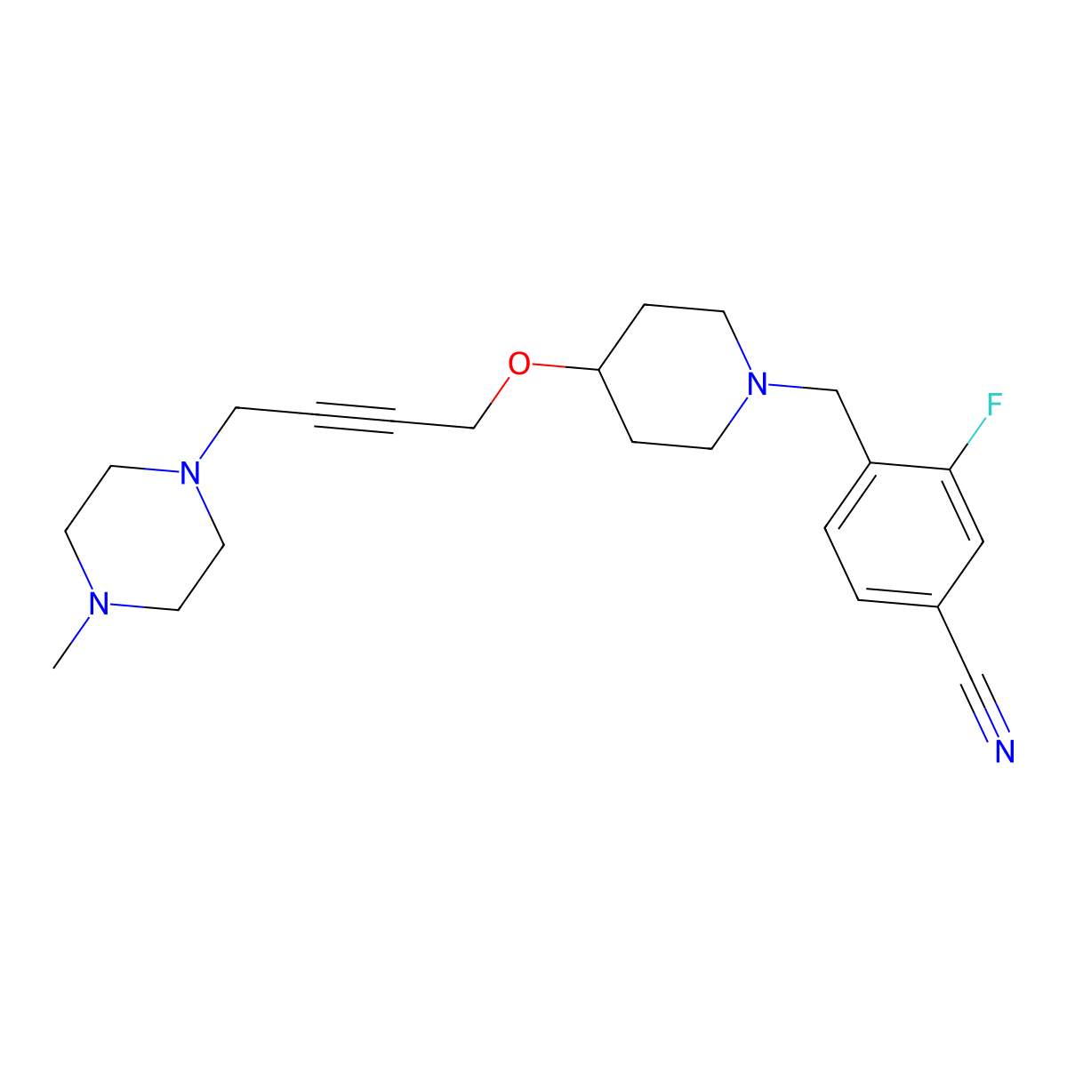 3-Fluoro-4-[(4-{[4-(4-methylpiperazin-1-yl)but-2-yn-1-yl]oxy}piperidin-1-yl)methyl]benzonitrile molecular structure, CAS 2415621-35-9